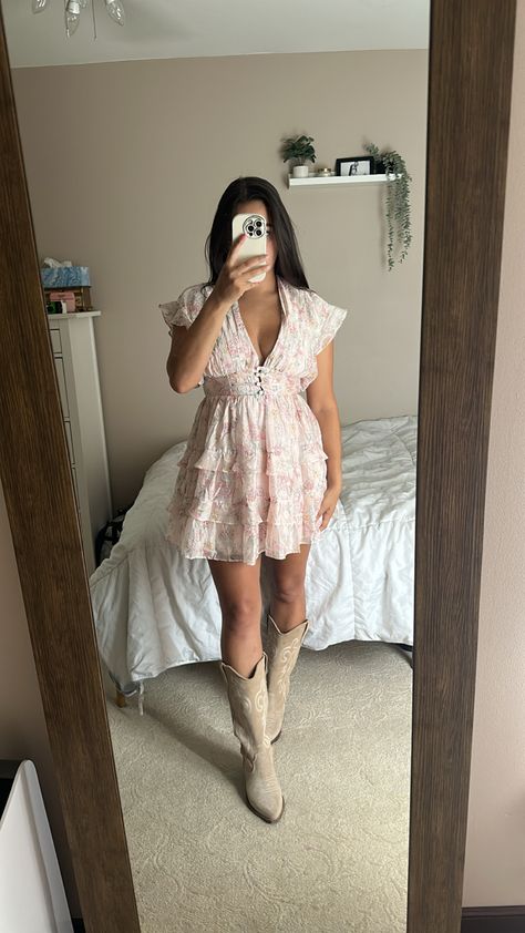 Spring Flower Dress, Dress With Cowgirl Boots, Dress Cowboy Boots, Short Floral Dress, Dresses With Cowboy Boots, Birthday Trip, Floral Dresses Short, Country Concert, Country Concerts