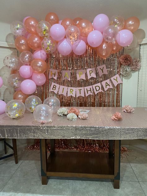 Pink and gold Birthday balloon garland Black Gold And Blush Balloon Garland, Pink Brown And Gold Balloon Garland, Black Pink And Gold Balloon Garland, Pink Rose Gold And Black Balloon Garland, Pink Gold Black Balloon, Black Party Ideas, Birthday Balloon Garland, Pink And Gold Birthday, Black And Gold Balloons