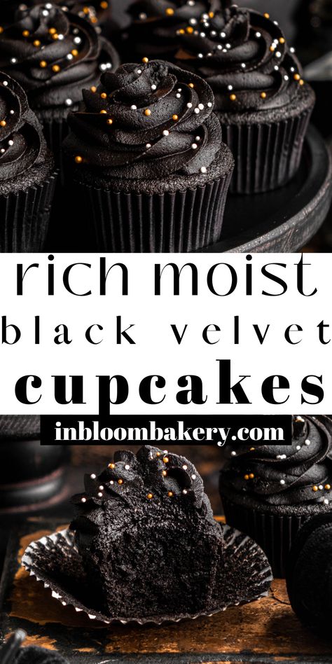 These are the best black velvet cupcakes! They're super moist and chocolatey and topped with a decadent black cocoa buttercream. They have a rich black color that makes these perfect for Halloween parties and all of spooky season! Black Velvet Cupcakes Recipe, Black Halloween Cupcakes, Black Icing Cupcakes, Black Cocoa Cupcakes, Black Food Ideas For Color Party, Black Foods For Color Party, Black Cocoa Powder Recipes, Black Foods For Party, Black Food Ideas