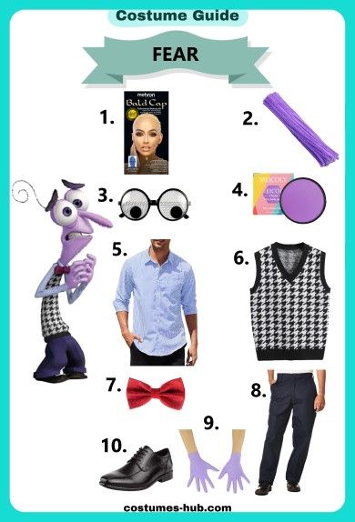 Fear Inside Out Costume Fear Halloween Costume Inside Out, Inside Out 2 Family Costume, Inside Out Fear Costume, Inside Out Diy Costumes, Makeup To Recreate, Fear Inside Out Costume, Lavender Suit, Fear Inside Out, Pointy Nose