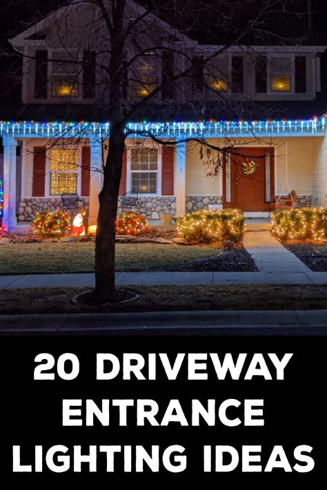 Driveway Entrance Lighting Ideas Entrance Lighting Ideas, End Of Driveway Ideas Entrance, Entrance Landscaping, Driveway Entrance Landscaping, House At Night, Copper Light Fixture, Starburst Chandelier, In-ground Lights, Entrance Lighting