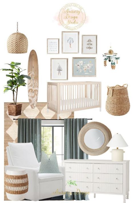 Gorgeous coastal gender neutral nursery design with sage green Nursery Layout, Tiny Nursery, Coastal Nursery, Nursery Accent Wall, Simple Nursery, Nursery Dresser, Minimalist Nursery, Primary Suite, Small Nurseries