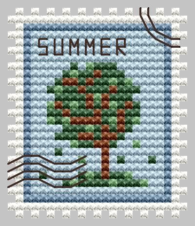 Summer Postage Stamp cross stitch chart designed by Kate Spiridonova.  ATTENTION! Fabric and threads are not included! Cross stitch charts are intended for personal use only and can't be distributed any way. School Cross Stitch, Stamp Cross Stitch, Cross Stitch Keychain, Summer Cross Stitch, Small Patterns, Cross Stitch Projects Ideas, Stitch Blanket, Art Perle, Cross Stitch Bookmarks