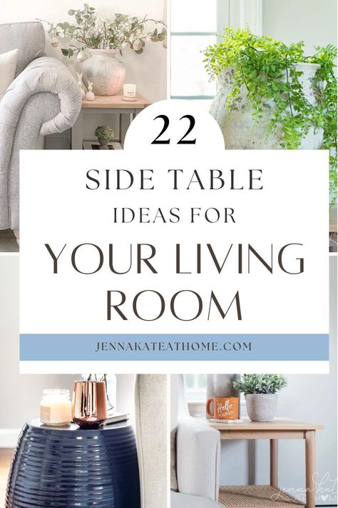 Side tables, end tables, or accent tables—no matter what you call them, finding the right one for your living room can be challenging due to their varied shapes and sizes. Explore these 22 side table ideas to find inspiration for your space. Styling Accent Table, End Table Next To Recliner, Side Tables For Swivel Chairs, Family Room End Table Decor, Narrow Side Tables In Living Room, End Table Placement Living Rooms, Coffee And End Tables Ideas Living Rooms, End Table Height Guide For Sofa, Side Table Decor Living Room Farmhouse