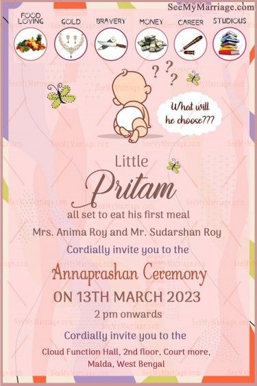 Pink Annaprashan Invitation Card Cute Cartoon Baby – SeeMyMarriage Annaprasan Invitation Card, Annaprashan Card Design, Baby Annaprasana Ideas, Annaprashan Invitation, Thali Decoration Ideas, Pink Theme, Baby Invitations, Pink Themes, Baby Cartoon