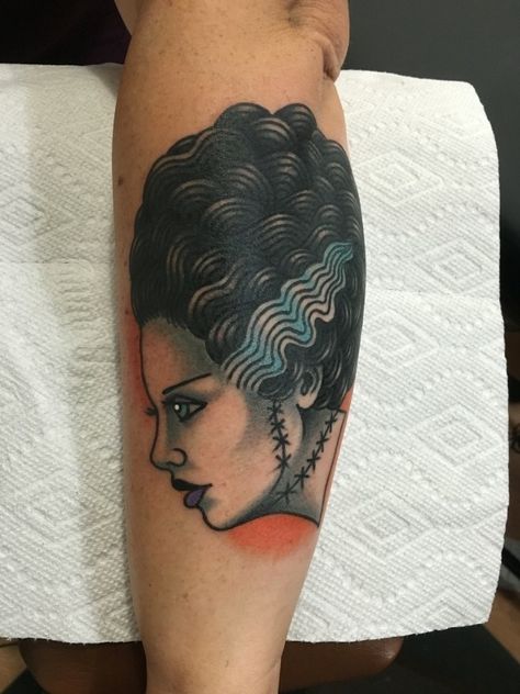 Frankensteins Bride Tattoo, American Traditional Frankenstein Tattoo, Bride Of Frankenstein Tattoo Traditional, Traditional Frankenstein Tattoo, Bride Of Frankenstein Tattoo, Haunted House Tattoo, Frankenstein Tattoo, Tattoo 2022, Horror Tattoos