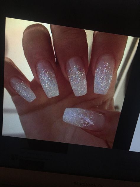 White And Glitter Nails Coffin, Silver Nails Prom Acrylics, White Glitter Fade Nails, Milky White Nails With Glitter Accent, White Sparkle French Tip Nails, White Nails With Sparkles, White Nails Sparkle, White Glitter Ombre Nails, White Sparkly Acrylic Nails