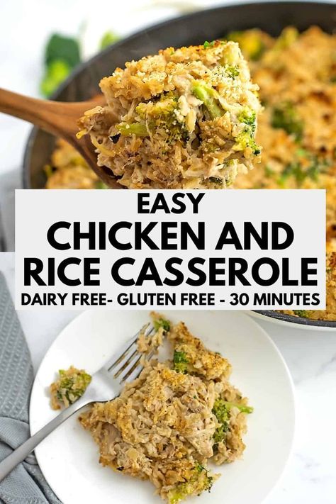 Chicken and Rice Casserole - Dairy Free, Gluten Free, No Soup - this healthy chicken casserole has a creamy sauce that is made without soup. Easy to make in under 30 minutes. This casserole is the ultimate comfort food. Chicken And Rice Cassarole, Healthy Chicken And Rice Casserole, Gluten Free Chicken Casserole, Gluten Free Casserole Recipes, Gluten Free Dairy Free Dinner, Chicken Rice Bake, Healthy Chicken Casserole, Chicken Broccoli Rice Casserole, Creamy Chicken And Rice