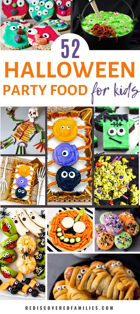 Need some easy Halloween party food for kids. We’ve gathered 52 ideas for fun family friendly Halloween themed food! Are you planning a wicked Halloween party? Need an easy treat for a classroom party? We’ve got you covered with lots of fun options. Halloween Food Platter Ideas Kids, Halloween Birthday Party Foods, Easy Halloween Birthday Party Ideas, Halloween Food Ideas For Kids Party, Halloween Themed Foods For Kids, Food Ideas For Halloween Party For Kids, Daycare Halloween Party Food, Halloween Party Food Kids Easy, Halloween Appetizers Easy For Kids