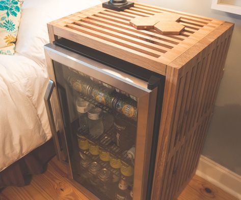 End Table With Built in Fridge Wine Fridge Table, Wine Fridge In Bedroom, End Table Mini Fridge, Wine Fridge Cover, Fridge Wood Cover, Mini Fridge End Table, Mini Fridge Table Diy, Mini Fridge Cover Diy, Mini Fridge Side Table