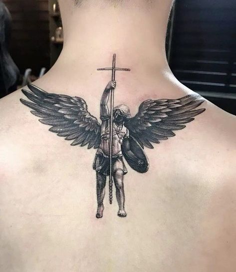 Archangel Michael Tattoo, St Michael Tattoo, Michael Tattoo, Catholic Tattoos, Archangel Tattoo, Simple Arm Tattoos, Typography Tattoo, Back Of Neck Tattoo, Men Tattoos Arm Sleeve