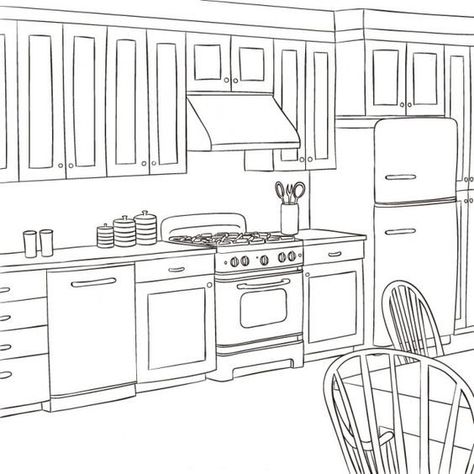 Directed Drawing Kindergarten, Coloring Pages Aesthetic, Pages Aesthetic, Kitchen Drawing, Drawing Interior, Interior Design Renderings, House Colouring Pages, Interior Design Sketch, Interior Design Drawings