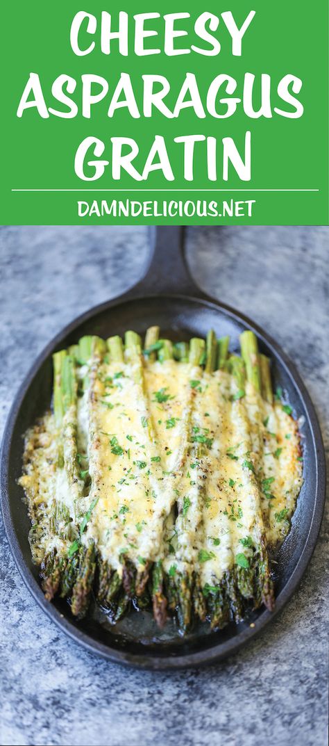 Cheesy Asparagus Gratin - A 5-min appetizer (or side dish)! Simply roast your asparagus with desired herbs, top with cheese and bake until cheesy goodness! Cheesy Asparagus, Asparagus Dishes, Coconut Dessert, Mother's Day Brunch, Veggie Side Dishes, Asparagus Recipe, Side Recipes, Veggie Sides, Veggie Dishes