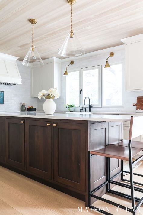 Warm White Kitchen with Wood Island - Maison de Pax White Kitchen Wood Island, Kitchen Wood Island, White Kitchen With Wood Island, Kitchen With Wood Island, Warm White Kitchen, Dark Wood Kitchen Cabinets, Natural Wood Kitchen, Off White Kitchens, Dark Wood Kitchens