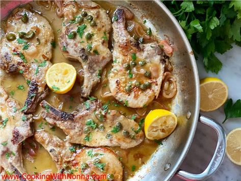 Pork Chops with Lemon Caper Sauce Ricotta Zeppole, Shrimp Piccata, Squid Ink Pasta, Peach Cookies, Lemon Caper Sauce, One Pan Pasta, Caper Sauce, Chickpea Soup, Pistachio Cream