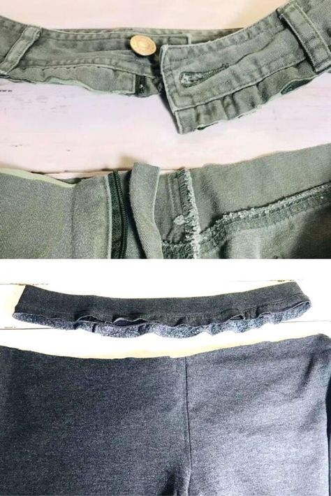 how to upsize jeans How To Put Elastic In Waistband Jeans, Enlarge Jeans Waist, Diy Elastic Waistband Jeans, Upsizing Clothes Diy, Alter Jeans Waistband, Altering Jeans Waistband Bigger, How To Put Elastic In Waistband, Lengthen Jeans Diy Ideas, Adding Length To Jeans