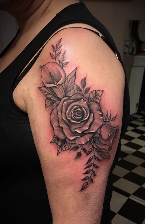 Follow @spaghettitattoos on Instagram for more black and grey floral designs. Rose And Calla Lily Tattoo, Lily And Rose Tattoo, Rose And Lily Tattoo, Small Lily Tattoo, Lily Tattoo Meaning, Tiger Lily Tattoos, Lily Tattoos, Flower Vine Tattoos, Water Lily Tattoos