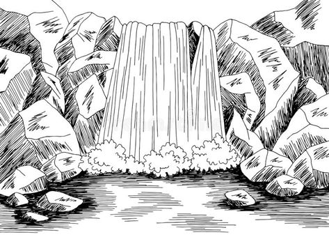 Waterfall graphic black white river landscape sketch illustration vector. Waterf #Sponsored , #paid, #Ad, #black, #Waterfall, #river, #white Waterfall Sketch, Waterfall Graphic, Drawings Of Nature, River Drawing, Waterfall Drawing, Micron Pen Art, Fall Drawings, Sketch Note, Amazing Landscapes