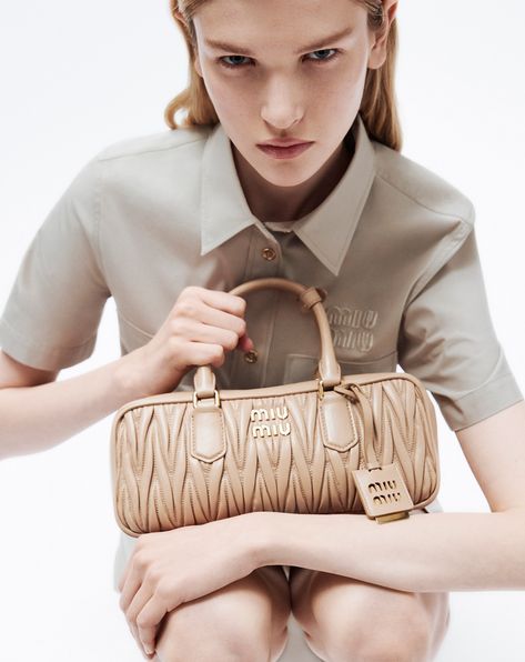 Arcadie matelassé nappa leather bag Sand beige | Miu Miu Emprendimiento Ideas, Cmf Design, Miu Miu Bag, Sunglasses Logo, Leather Hobo Bag, Fashion Photoshoot, Leather Hobo, Black Belt, Hobo Bag