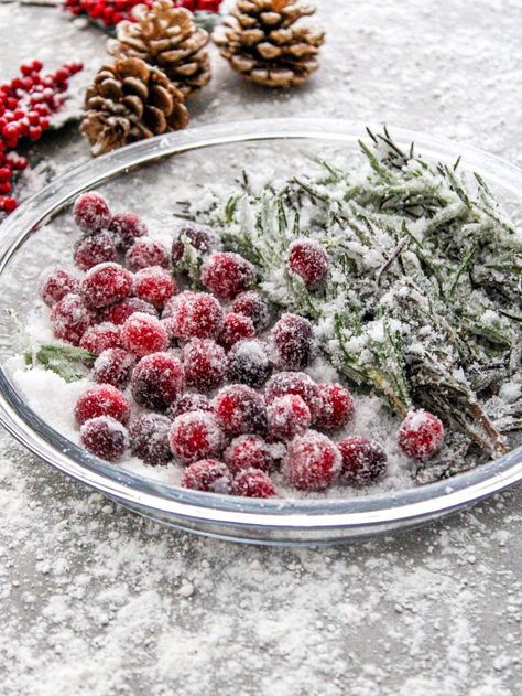 Salty Christmas Food, Sugared Berries How To Make, Sugared Rosemary And Cranberries, How To Candy Cranberries, How To Sugar Rosemary, Sugar Coated Cranberries Holidays, Cheesecake With Sugared Cranberries, How To Sugar Cranberries, Sugared Cranberries Garnish