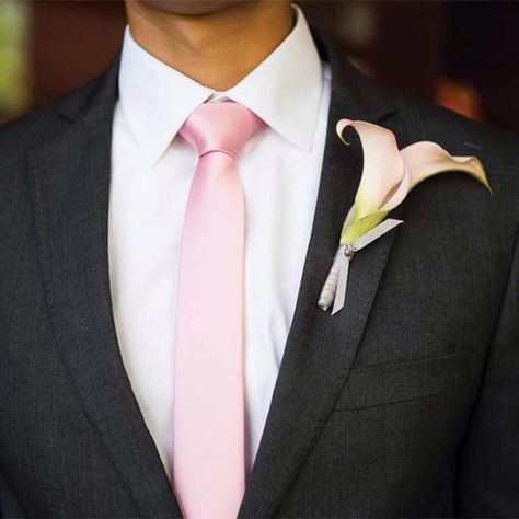 Black Suit Pink Tie Prom, Pink Tie Black Suit, Black Suit With Pink Tie, Pink Prom Suit, Pink Groomsmen, Lily Boutonniere, Calla Lily Boutonniere, Grooms Attire, Formal Ideas