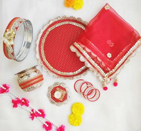 Dive into the beautiful collection of karwachauth sets Embellished with the gotta patti, this entire stainless steel karwachauth thali set makes every moment of celebration worth memorable with your spacial ones. Bangles not included 4 colours available DM us for more details or WhatsApp us on 9867422790 Karwa Chauth Thali, Karwachauth Thali, Karwa Chauth Gift, Puja Thali, Indian Wedding Video, Hindu Festival, Gotta Patti, Indian Festival, Hindu Festivals