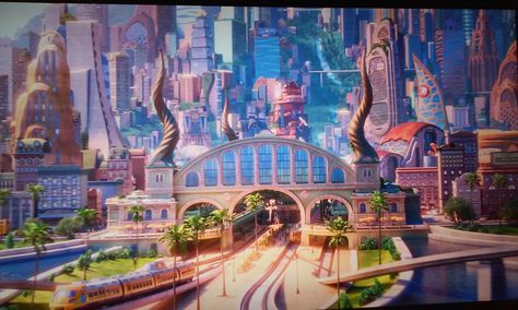 Downtown Zootopia is where most of the movie takes place Zootopia City Concept, Zootopia Buildings, Zootopia Landscape, Zootopia Scenes, Zootopia Background, Zootopia City, Zoo Topia, Concert Background, Zootopia Concept Art