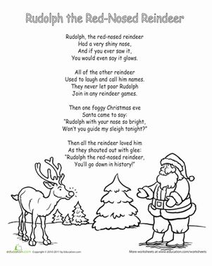 The "funny" version of "Rudolph the Red-Nosed Reindeer" is a schoolyard classic, but you can't sing it unless you know the real song first! Learn all the words to "Rudolph the Red-Nosed Reindeer" by singing along as you color in this sheet. Feel free to write in the additional verses. #educationdotcom Christmas Carols Lyrics, Christmas Carols Songs, Christmas Songs For Kids, Carol Songs, Advent Wreaths, Christmas Songs Lyrics, Xmas Songs, Christmas Tables, Christmas Lyrics