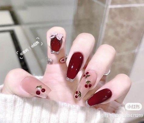 Strawberry Douyin Nails, Cherry Nails Designs, Nail Cherry, Cherry Wine Nails, Cherry Nail, Red Acrylic Nails, Nail Art For Beginners, Cherry Nails, Red Nail Designs