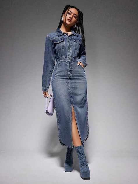 SHEIN EZwear Women's Denim Split Hem Dress | SHEIN Split Hem Dress, Denim Maxi Dress, Womens Denim Dress, Girly Dresses, Plain Shirt, Neck Bodycon Dress, Maxi Dress Online, Flare Leg Jeans, Denim Jacket Women