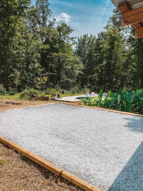 DIY Gravel Patio for Unlevel Ground Pergola With Gravel Floor, Self Binding Gravel Patio Ideas, Outdoor Gravel Patio Ideas, Diy Gravel Patio, Diy Pea Gravel Patio, Deck Landscaping Ideas, Gravel Patio Diy, Pea Gravel Patio, Deck Landscaping