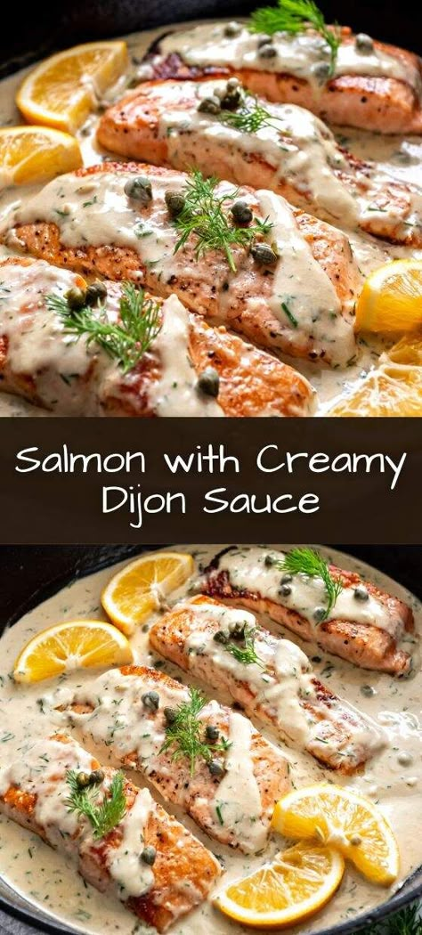 Elevate your seafood game with our Salmon with Creamy Dijon Sauce recipe, where tender salmon fillets are drizzled with a luscious, tangy Dijon sauce. Follow us for more gourmet-inspired recipes that will tantalize your taste buds and keep your kitchen inspired! Garlic Dijon Sauce, Salmon Sauce Recipes, Creamy Dijon Sauce, Salmon Sauce, Creamy Dijon, Seared Salmon Recipes, Dijon Sauce, Salmon Recipes Baked, Salmon Recipes Baked Healthy