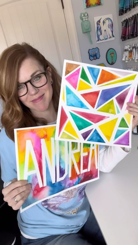 Andrea Nelson (@andrea.nelson.art) • Instagram photos and videos Tape Name Painting, Tape Resist Watercolor Painting, Water Color Paint Craft For Kids, Cool Elementary Art Projects, One Day Art Lessons Elementary Fun Activities, Watercolor Art Preschool, Liquid Watercolor Projects For Kids, Color Mixing Art Projects For Kids, Watercolor Resist Painting