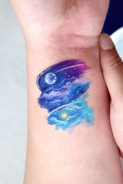 Galaxy Tattoo Colorful, Paint Swipe Tattoo, Watercolor Galaxy Tattoo, Anting Manik, Embroidery Tattoo, Explore Tattoo, Galaxy Tattoo, Muster Tattoos, Tattoos Geometric