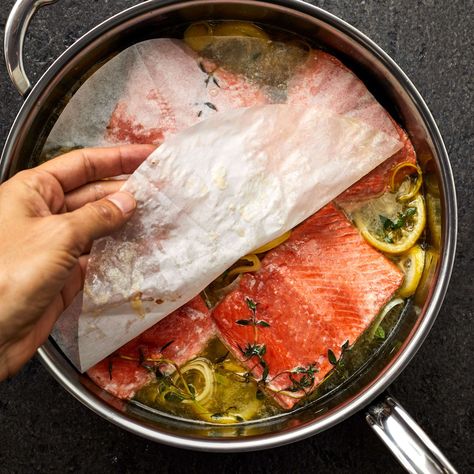 how-to-make-shallow-poached-salmon-with-leek-beurre-blanc-4-remove-from-oven-XL-RECIPE0421 Cooking Salmon Fillet, Poached Salmon, Fish Dinner, Cooking Salmon, Seafood Dinner, Spring Recipes, Fish Dishes, Seafood Dishes, What’s Going On