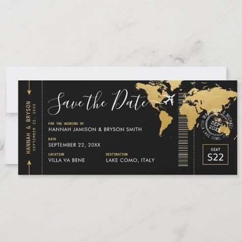 Boarding Pass Save The Date Black World Map Invitation #zazzle #weddinginvitations #birthdayinvitations #babyshowerinvitations #zazzleinvitations #monogram #businesscards #graduation #homedecor Boarding Pass Birthday Invitation, Boarding Pass Save The Date, Save The Date Black, Map Invitation, Boarding Pass Invitation, Neon Birthday, Destination Wedding Invitations, Gold Invitations, Black Travel