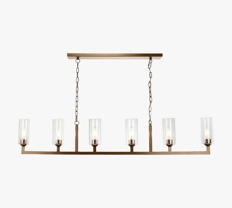 Light Fixtures | Indoor & Outdoor Lighting | Pottery Barn Linear Chandelier Dining Room, Chandelier Dining Room, Chandelier Brass, Rectangular Chandelier, Indoor Lighting Fixtures, Hanging Fixture, Dining Room Chandelier, Linear Chandelier, Pottery Barn Teen