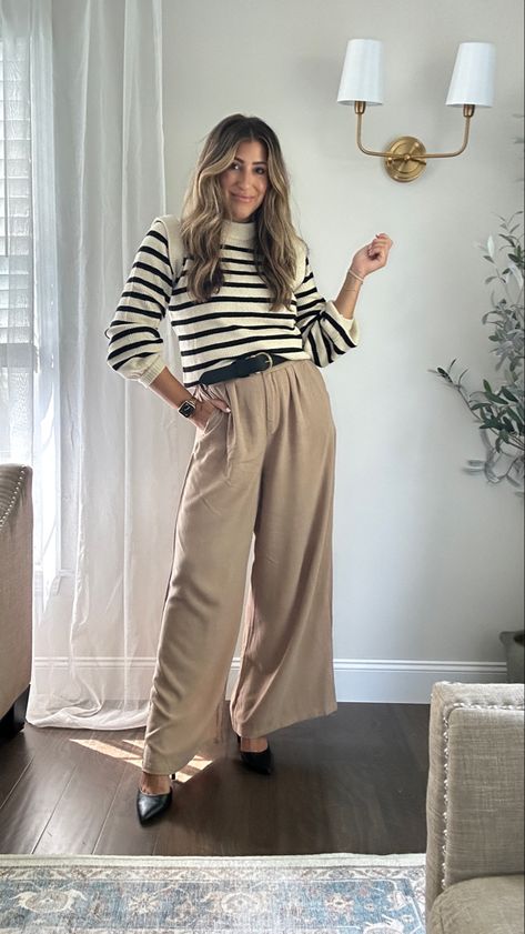 Fall work wear outfit. Wearing a small in sweater and medium in pants. #LTKunder50 Shop in my LtK! Flowy Work Pants, Tan Work Pants Outfit, Fall Outfit Work, Jw Outfits, Fall Work Wear, Flowy Pants Outfit, Hot Outfit Ideas, Pants Outfit Work, Simple Work Outfits