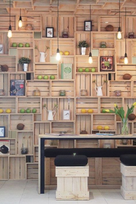 Craft Cafe Interior, Wine Crate Furniture, Store Shelves Design, Ceramic Cafe, Diy Handyman, Crate Shelves, Wooden Pallet Furniture, Waffle House, Pallet Decor