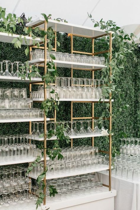 Love this beautiful gold glassware shelf covered in greenery for the perfect wedding bar design. Champagne Station, Morgan Turner, Champagne Display, Wedding Bars, Gold Wedding Reception, Wedding In California, Glasses Storage, Event Bar, White Shelves