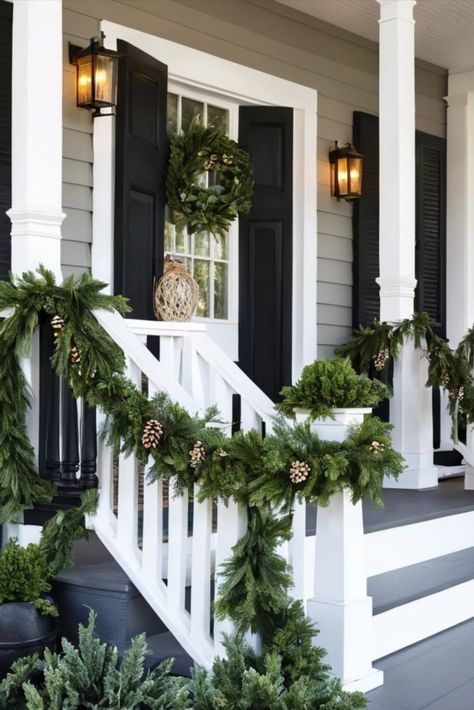 Dress up your porch railings with festive garland arrangements. Learn techniques for draping, securing, and embellishing garlands for maximum impact. Outside Porch Railing Christmas Decor, Christmas Garland Front Porch Railing, Christmas Porch Railing Decor, Diy Christmas Garland Outdoor Porch Ideas, Outdoor Porch Railing Christmas Decor, Outdoor Railing Christmas Decorations, Garland On Porch Railing, Porch Garland Christmas, Front Porch Garland Christmas