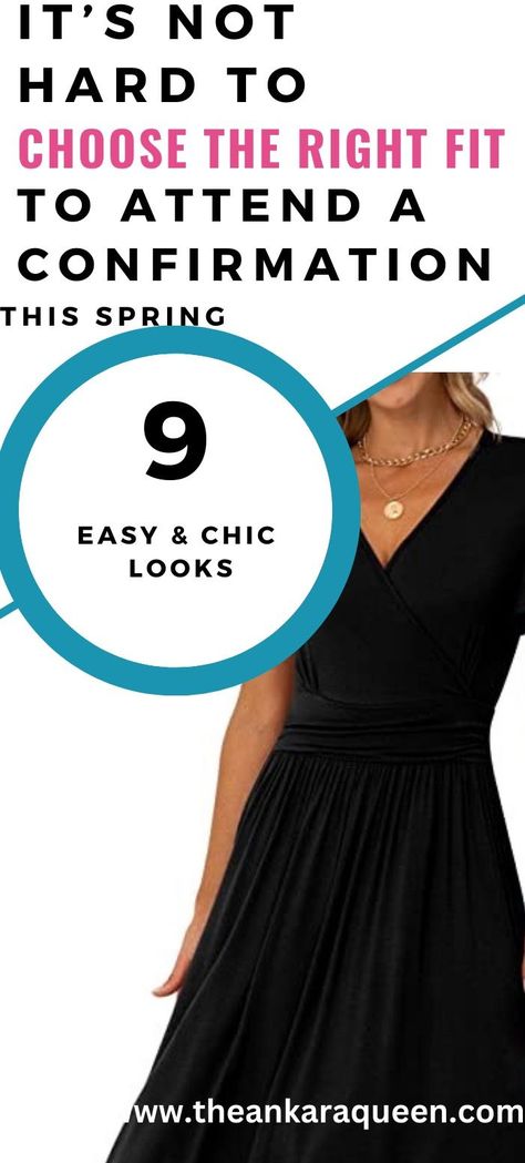 A cropped image of a Caucasian woman wearing a v-neck short-sleeved black dress. She wears a gold necklace on her neck. Confirmation Outfit, Sacrament Of Confirmation, Cocktail Party Attire, Catholic Confirmation, Confirmation Party, Confirmation Dresses, Catholic High School, Outfits To Wear, Presbyterian Church