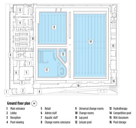 Indoor Sports Complex Plan, Swimming Pool Plan Architecture, Swimming Pool Floor Plan, Pool Layout, Auditorium Architecture, Swimming Pool Plan, Aquatic Design, Sports Facility Architecture, Cinema Architecture