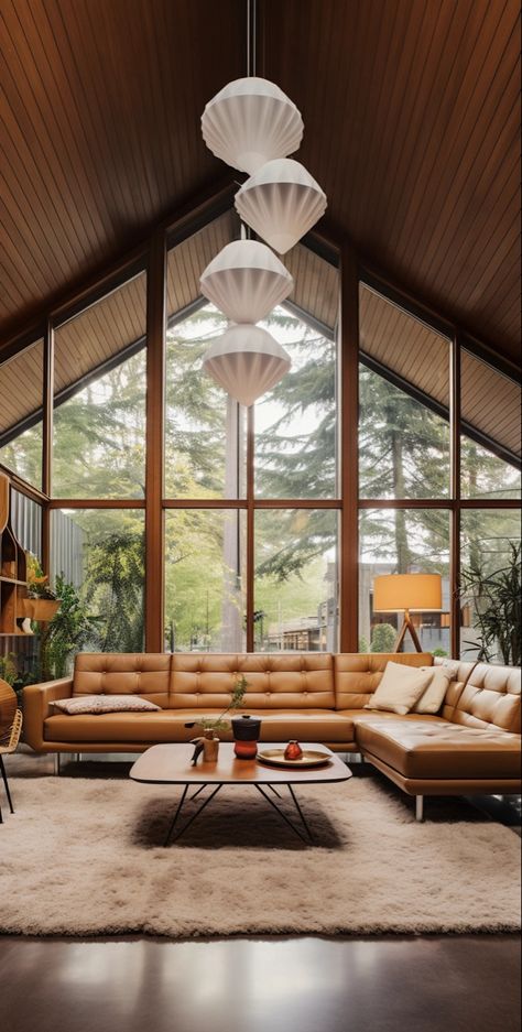 Living room, wooden walls, large windows, leather couch, Charley Harper style, post-minimalist structures, Vancouver School, intricate ceiling designs, midcentury modern, angular constructions, contemporary, candy-coated. Mid Century Vaulted Ceiling, Room With Wooden Walls, Vaulted Ceiling Design, Mid Century Modern Fireplace, Cozy Interior Design, Charley Harper, Midcentury Home, Sims Ideas, Leather Couch