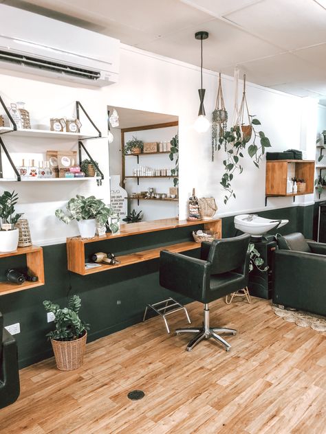 Backbar Ideas Salon, Sage Green Salon Aesthetic, Simple Salon Ideas, Boho Chic Hair Salon, Boho Salon Aesthetic, Emerald Green Salon, Sage Green Salon, Salon Stations Ideas, She Shed Hair Salon