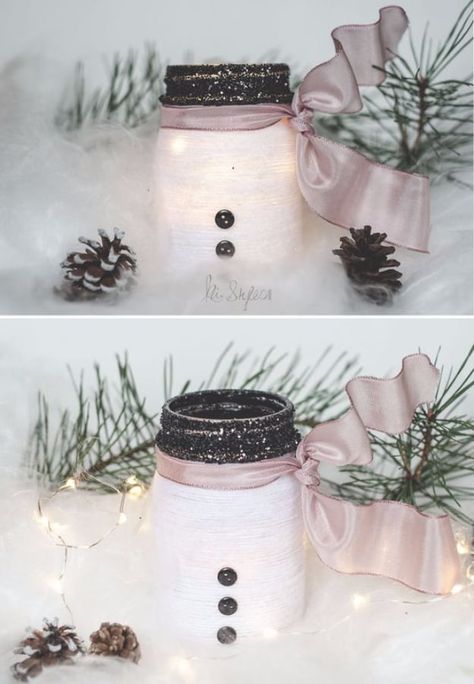 Yarn Snowman, Ideas For Mason Jars, Diy Tea Light Candle Holders, Snowman Mason Jar, Candle Holders Glass, Snowman Candle Holder, Holiday Mason Jar, Mason Jar Luminaries, Wine Cork Christmas Tree