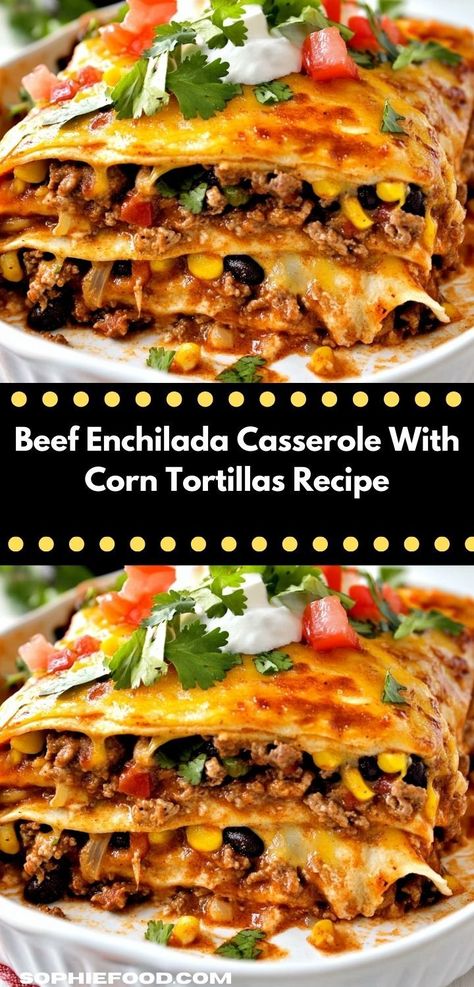 Discover the joy of easy cooking with this Beef Enchilada Casserole. Bursting with bold flavors and simple to prepare, it’s a fantastic option for busy families looking for satisfying dinner ideas. Layered Mexican Tortilla Casserole, Ground Beef Cheesy Enchiladas, Simple Enchilada Casserole, Corn Tortilla Enchilada Casserole, Quick Enchilada Recipe, Ground Beef Enchilada Casserole Easy, Mexican Casseroles Using Ground Beef, Beef Enchilada Casserole Corn Tortillas, Corn Tortilla Meals