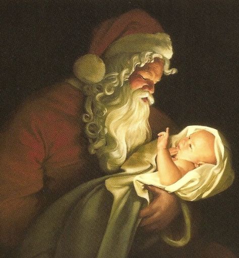 Santa And Baby Jesus, Kneeling Santa, Fantasy Wallpapers, Santa Paintings, Santa Art, Thanksgiving Wallpaper, Spiritual Artwork, Holding Baby, Jesus Images