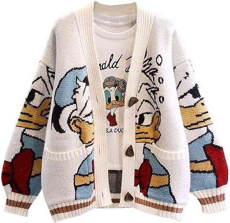 Autumn and Winter Japanese Cartoon Long Sleeved Coat Women's Cute Anime Knitted Sweater Y2K Loose Knitted Cardigan (White,one Size) at Amazon Women’s Clothing store Anime Knitted Sweater, Kidcore Clothing, Cartoon Sweater, Cardigans Sweater, Sweater Y2k, Varsity Sweater, Warm Cardigan, Cable Knit Sweater Cardigan, Chic Coat