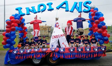 Indians baseball parade float Baseball Themed Parade Floats, Cheer Parade Float Ideas, Baseball Parade Truck Ideas, Baseball Float Ideas Parade, Baseball Parade Float, Volleyball Floats For Parade, Parade Float Ideas Baseball, Cheerleader Float For Parade, Floats For Parade Homecoming